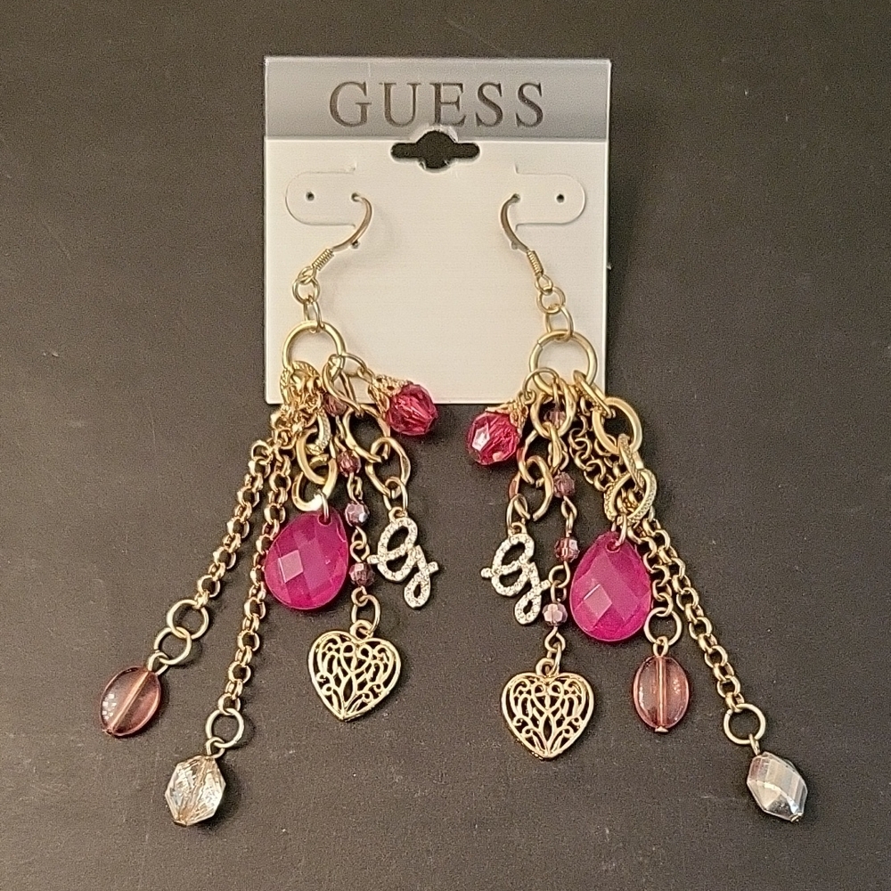 NEW Guess Gold & Pink Chandelier Earrings, Heart Charms, Beads, 4" drop